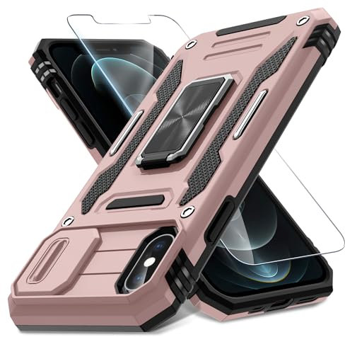 DEERLAMN for iPhone X Case,iPhone Xs Case with Slide Camera Cover + Screen Protector, Rotated Ring Kickstand Military Grade Shockproof Protective Cover 5.8 Inch-Rose Gold