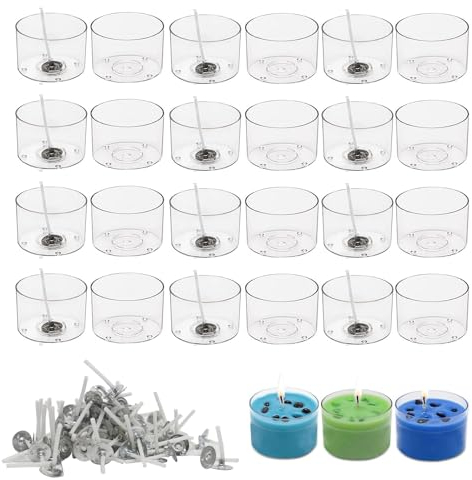 Teelichthalter für Kerzen Gießen, 60 Stück Leere Kerzen Gläser aus Kunststoff Candles, DIY Kerzen Selber Machen Set mit 120 Dochte für Hochzeitsdeko Tischdeko Geburtstag Valentinstag 1,85 x 3,84 cm