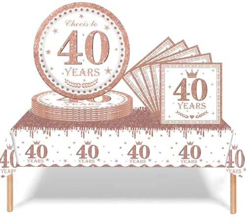 37pcs Rose Gold 40th Birthday Decorations for Women,Happy 40th Birthday Tablecloth Paper Plates and Napkins Serviettes for 40th Birthday Party Table Decorations for Adults,Her 40th Birthday Gifts