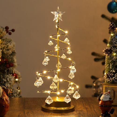 Lewondr Luce dell'Albero di Natale, Luce di Notte dell'Albero Natalizio a Batteria da 11, Lampada da Tavolo per Albero di Natale a Spirale di Cristallo, Decorazione Natalizia per Interni, Oro