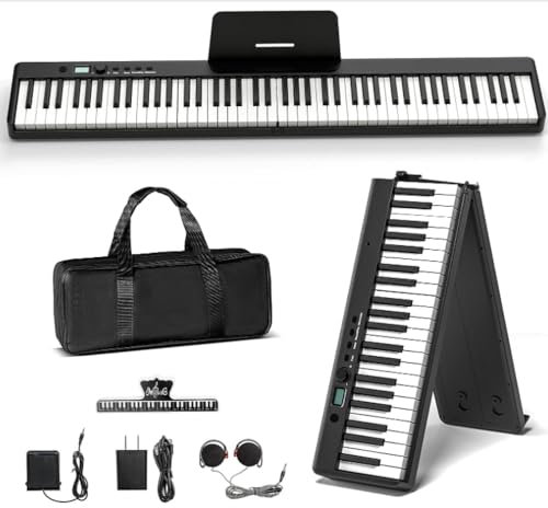 Portable Piano Keyboard,Semi-Weighted Folding Digital Piano 88 Key,Full Size,Wood Grain,Electric Piano Keyboard W/MIDI Bluetooth,Suitable for Adult,Toddler,Kids,Beginner (black)