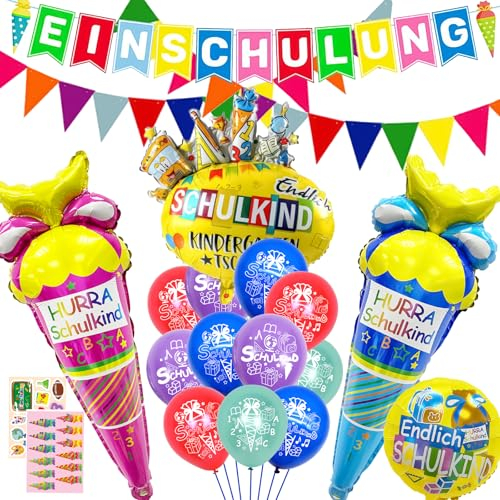 Betensh Einschulung Deko Jungen Mädchen, Schulkind 2024 Deko Einschulung, Schulanfang Girlande+2024 Zuckertüten Folienballon+123 ABC Einschulung Luftballon+Schulanfang Thema Aufkleber