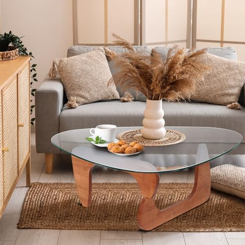 Table basse triangulaire en verre trempé, Table D'appoint De Canapé Moderne + Base Triangulaire En Bois Massif Et Plateau En Verre Trempé épaissi, Pour Le Salon Et Le Bure(Size:82*57*40CM,Color:B)