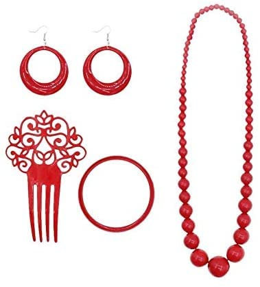 JORXG Set de Flamenca Rojo Rosa Peineta Collar Pulsera Pendientes para Feria Abril Sevilla Actuaciones Baile (Rojo)