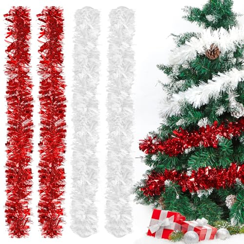 Weihnachtsgirlanden Rot Weiß, 2m Lametta Girlande, 4pcs Lametta Weihnachtsbaum, Weiß Rot Lametta Girlande Weihnachten, Weihnachtsdeko Lametta für Christbaumschmuck, Geburtstagsparty Deko