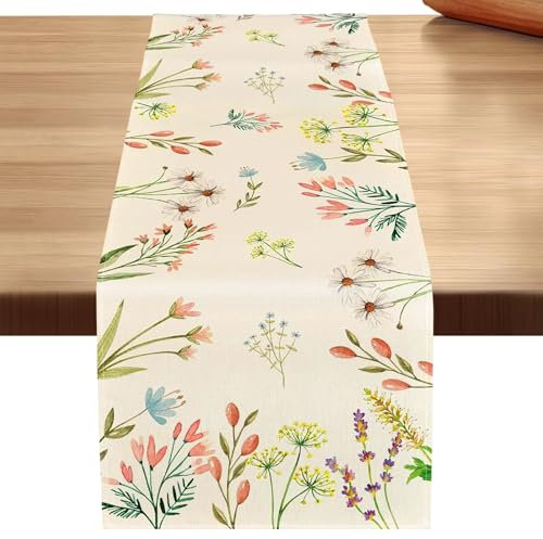 Pflanzen Blumen Sommer Tischläufer, 40x140cm Leinen Tischläufer Küche, Erhältlich in Allen Jahreszeiten Küche Tisch Dekoration, Tischdecke Modern Tischläufer für Geburtstag Restaurant Party Dekoration