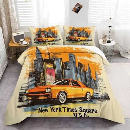 CozyRest Bettbezug 135x200 cm Skyline Einer Stadt Bettwäsche Set Mikrofaser Times Square New York Usa Kinderbettwäsche Set für Kinder Teens, Bettbezug mit 2 Kissenbezüge 80x80 cm