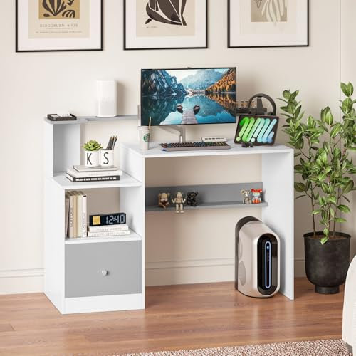 joolihome living 120 * 48CM Computer Desk with Drawers Shelves Monitor Stand Cable Management, Home Office Study Table Gaming Desk PC Laptop Workstation, White-Grey