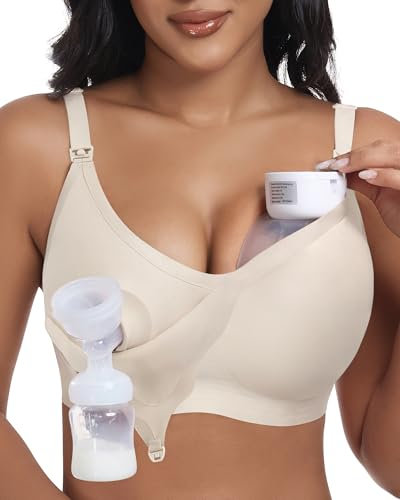 As Fairy Wireless Seamless Pumping Bra Hands Free Nursing Bra Wirefree Comfort Wearable Breast Pump Brass, Beige, XL/Plus