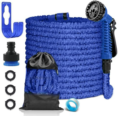 FASCINATDECO Flexibler Gartenschlauch 15m mit 7 Funktionen Brause, Wasserschlauch flexibel mit 3-Fach Latexkern inkl. Adapter für 1/2' 3/4' Zoll und Wandhalterung, dehnbarer flexiSchlauch