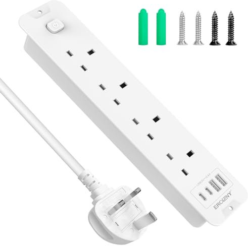 Recessed Power Socket with Switch, 4 Way Extension Lead AC Outlets 3250W Desk Power Strip with 2 USB-C & USB-A Ports, Built in Fused Overload Plug Socket Ideal for Home, Office, 2M/6.6FT Cable White