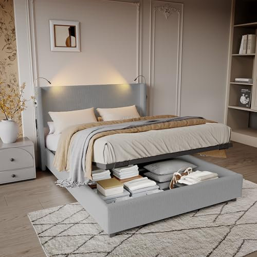 PerGar Polsterbett Doppelbett 140 x 200 cm, Stauraum Bettkasten Bettgestell mit Lattenrost für Erwachsene, Hydraulikbett Jugendbett mit Leselampe, Moderner Stil, Cord, Grau, Ohne Matratze