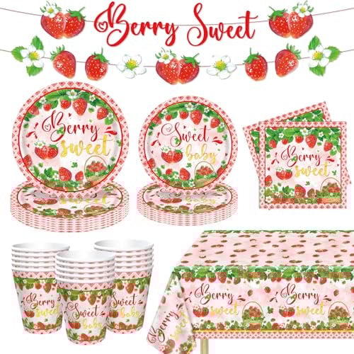 83PCS Strawberry Party Decorations Strawberry Theme Birthday Party Supply Berry Sweet Baby Shower Decorations Fruit Themed Decor Berry First Birthday Tableware Set - Plates Tablecloth Cups Serves 20