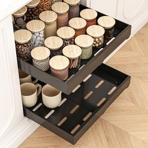 THMINS 2 Pack Ausziehbare Schublade Küche, 52 cm Tief, Erweiterbar (32–52 cm), Robuste Ausziehschubladen, Ausziehbare Schubladen Für Schränke, Geeignet Zur Aufbewahrung in Der Küche (Schwarz)