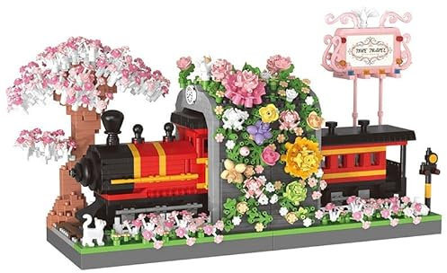 highdar Technik Zug Eisenbahn Bausteine Bausatz, 2665 Klemmbausteine Retro Zug Kirschblütenwald Bausteine, Lokomotive Set Eisenbahn Bauspielzeug, Geschenk für Erwachsene und Jungen