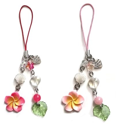 2PCS Hibiscus Flower Phone Charms, Cute Resin Leaf Phone Lanyard String, Aesthetic Y2K Star Charms for phone case, Summer Beach Keychain Strap for Camera Key Purse Decoration Accessories for Women