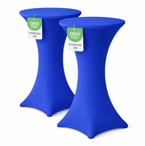 EXKLUSIV HEIMTEXTIL Stehtischhusse für Bistrotisch mit 4 verstärkten Fußlaschen elastisch Stretch Oeko-TEX Zertifiziert Ø 60-65x110-120 cm Royalblau (2 Stück)