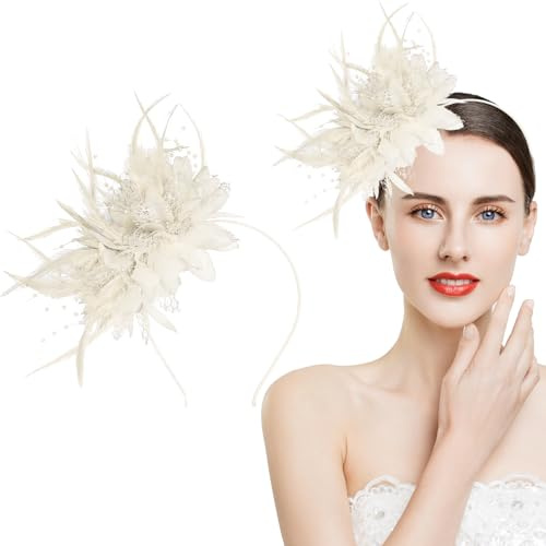 YAWYO Cremefarbener Fascinator, Haarschmuck mit Federn und Kunstblumen, Fascinator für Damen, Hochzeit, Cocktailparty, Teeparty