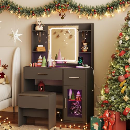 YOSHOOT Dressing Table with LED Lighting Mirror, Glass Top Charging Station, Vanity Table with 2 Drawers, Side Cabinet, Makeup Desk with Upholstered Stool for Cloakroom and Bedroom,90*40*140cm(Black)
