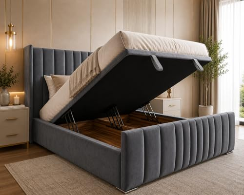 AL SULTAN Single Bed with Storage, Luxury Wingback Headboard, Upholstered Velvet 3FT Single Ottoman Divan Bed Frame with Gas Lift Storage - Steel Plush