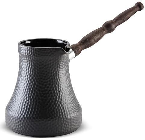 Cezve Ibrik Briki Turka Türkische Kaffeekanne aus Keramik, 650 ml, Graphit, gehämmert, abnehmbarer Holzgriff, für Gasherde