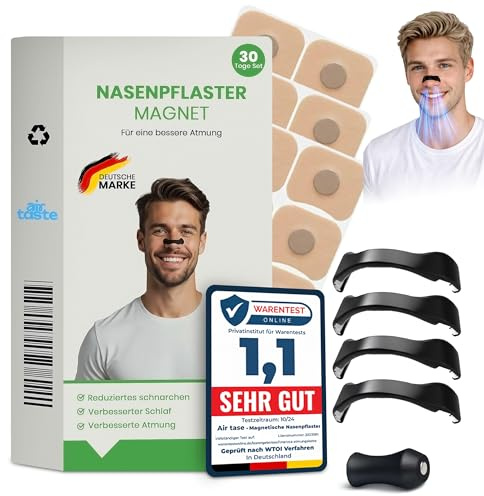 Airtaste® Magnetische Nasenpflaster für bessere Atmung und gegen Schnarchen – Nasenpflaster Magnet für besser atmen und Erholung – Nasenstrips für besseren Atem bei Schlaf und Sport – 15 Anwendungen