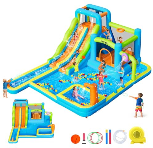 FINCOME Water Bounce House with Double Slide for Kids 3-10, Large Inflatable Water Bouncy Castle with Long Water Slide Jumping Climbing Pool Air Blower, Bouncy House for Party Birthday Holiday Summer