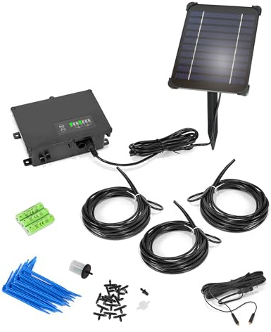 esotec Solar Bewässerungssystem Tröpfchenbewässerung 15 Pfeiltropfer 101102 | Solar-Bewässerungssystem, 15 Pfeiltropfer, Bewässerungsintervall 24/48Std, 1/6/12Min, Pegelsensor, Li-Ion Akku wechselbar