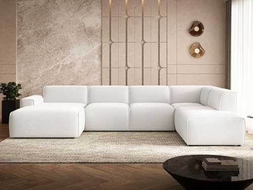 GRAINGOLD Belluno Ecksofa 378x220 cm, U-Form Sofa, Ecksofa für Wohnzimmer, Bouclé Stoff, 5-Sitzer Wohnlandschaft, Modernes Design (Weiß, Rechts)