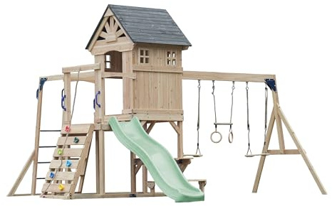 AXI Duncan Spielturm aus Holz mit 2 Schaukeln & Rutsche in Pastellgrün | XXL Spielhaus/Spielplatz für Kinder mit Klettergerüst, Kletterstangen & Trapez | Schaukelgerüst für den Garten