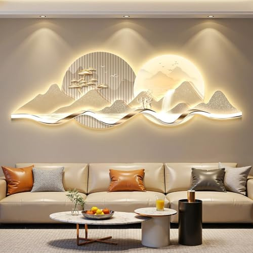 Yidlkecqey Große LED-Wanddekoration für Wohnzimmer, 3D-Bild, horizontal, Montan-Landschaft, aus Kristallporzellan, mit Fernbedienung, warmes Licht (Typ F, 40 x 120 cm/15,7 x 47,2 Zoll)