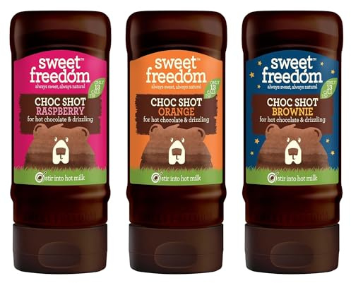 Sweet Freedom Choc Shot Fruit Indulgence Syrup Bundle (Pack of 3) | Raspberry, Orange & Brownie, Refined Sugar Free, High in Fibre, Vegan, for Coffee and Baking, Only 13 Calories per Teaspoon