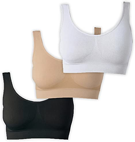 UnsichtBra Bustier Damen BH ohne Buegel | 3er Set Wohlfühl Bustiers Tops | Bügelloser Soft Bra | Schlaf Still Sport Crop Top Büstier schwarz, weiß, beige (wellbra_swh)(S)