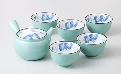 Japanisches Teeservice BUDO Grün Teeset aus Porzellan hergestellt in Japan Geschenkbox Teekanne 400 ml 5 Teetassen ø 9,2 cm, H 5,8 cm