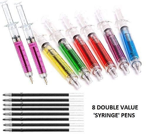 8 Double Value Syringe Pens. Mix of Colours with extra refills. Ideal for Nurses, Costumes, Fancy Dress, Halloween