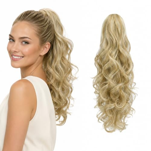 CAISHA 45cm Haarteil Zopf Pferdeschwanz Voluminös Hellblond Mix PH26 | Hitzebeständig Kordelverschluss Natürlich Gewellt Haarverlängerung Extensions Ponytail Haarteile Clip Langhaar Haarschmuck
