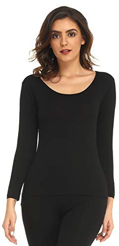 Mcilia Women's Ultrathin Modal Round Neck Long Sleeve Thermal Top/Shirt Black Large (UK Size 16 18)