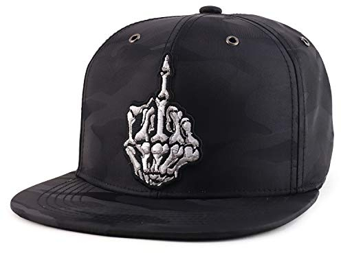 Trendy Apparel Shop Skelett Mittelfinger bestickte Flatbill Snapback Cap, Schwarz Camouflage, Einheitsgröße