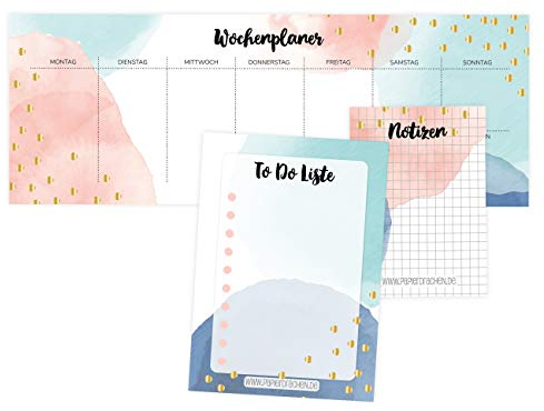 Papierdrachen 3 Schreibblöcke für Wochenplaner, Notizen und To Do Liste - Tagesplaner Watercolor - Ideal für Schule, Arbeit, Uni und Haushalt - 10,5 x 29,7 cm | DIN A6 | DIN A7