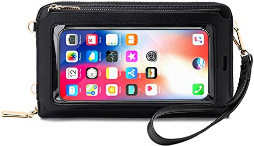 Peicees Frauen Touchscreen Geldbörse Kleine Crossbody Handytasche RFID Schutz Wristlet Handy Geldbörse (S-Schwarz)