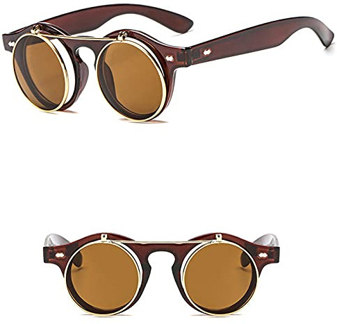 WQZYY&ASDCD Sonnenbrille Herren Damen Coole Metall Flip Cover Männer Frauen Retro Runde Steampunk Vintage Shades Punk Uv400-Kaffee