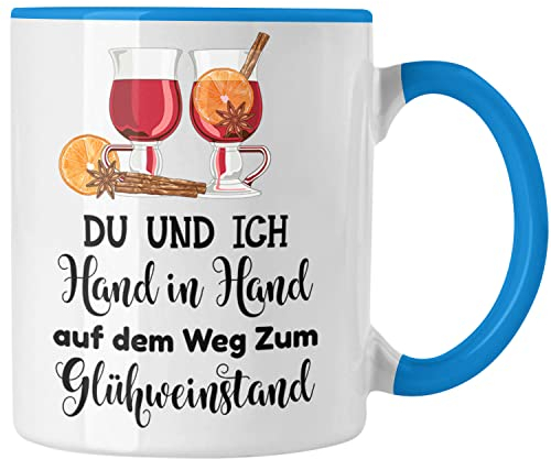 Trendation - Glühwein Tasse Lustig Spruch Glühweinbecher mit Henkel Doppelwandig Glühweintassen Gläser Weihnachtsmarkt Becher Tassen Geschenk - Hand In Hand Zum Glühweinstand (Blau)