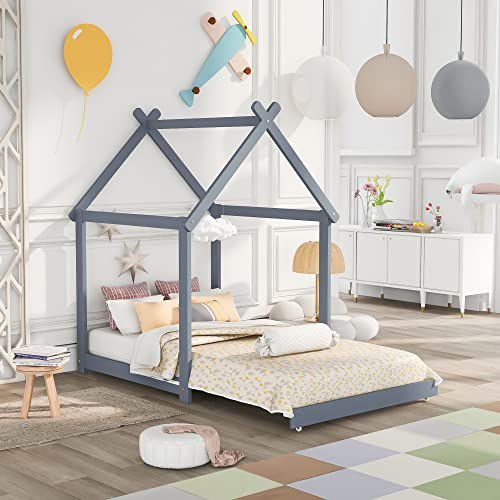 ZYLOYAL10 Hausbett 90x200 Holz Kinderbett für Jungen & Mädchen Massivholz Kinder Bett umbaubar Bodenbett mit Lattenrost (Grau, 90x200 cm)