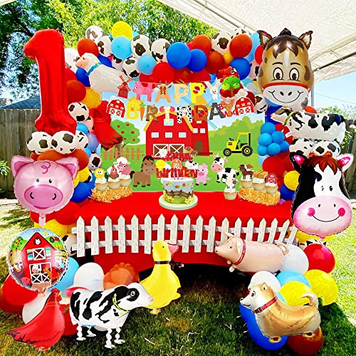 JeVenis Geburtstagsparty Zubehör für Bauernhoftiere Bauernhof Tiere Geburtstags Kulisse Barnyard Geburtstagsparty Zubehör Bauernhof Tiere Party Dekoration Kuh Luftballons Kuchen Dekoration