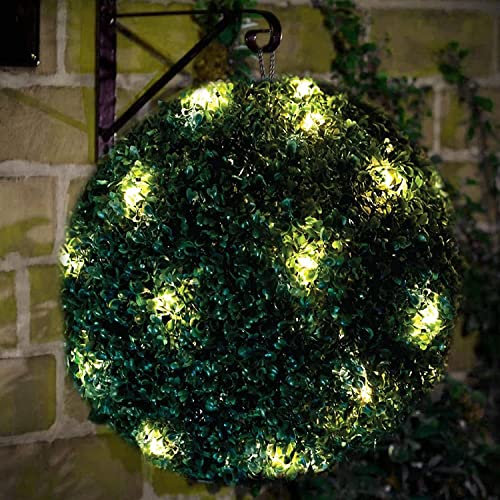 Siam Express 28cm Solar Powered 20 Warm White LED Rose Round Topiary Garden Outdoor Ball Sphere Dual Function Artificial Boxwood Hanging Lights Auto On At Dusk (1 x Green Topiary Ball)