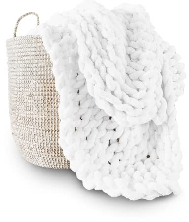Adyrescia Grobstrickdecke, Überwurf, 100% handgestrickt mit Jumbo-Chenille-Garn (101,6 x 127 cm, Hellweiß)