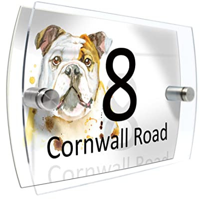 House Number Plaque Sign Door Road Plate for Dog Lovers Personalised Watercolour Print (D415 English Bull Dog 2)