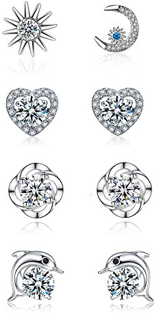 GUROTD 4 Pairs Sterling Silver Stud Earrings for Women Girls 925 Silver Stud Earrings Tiny Flower Heart Butterfly Stud Earrings Hypoallergenic Cubic Zirconia Diamond Cartilage Stud Earrings Set