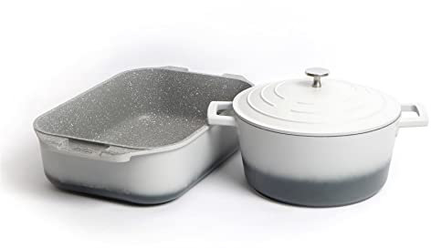 MasterClass Set of Gift-Boxed Cast Aluminium Casserole Dish, Grey Ombre, 24cm/4Litre with Roasting Pan, Grey Ombre, 34cm