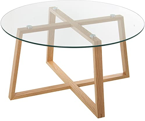 DRW Table Basse Ronde en Bois et Verre Naturel et Transparent Ø78 x 41 cm, Multicolore, estandar